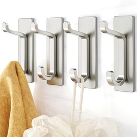 Josmimic Self Adhesive Towel Hooks: Extra Sticky and Strong 10LB, Stainless Hook for Bathroom, Nickel, 4 Pack