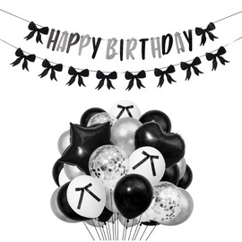 Bow Birthday Decorations Black Bow Garland Happy Birthday Banner Black Balloons for Coquette Birthday Party Happy Bowday Baby Shower Photo Props
