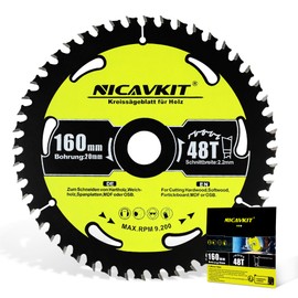 NICAVKIT Diameter 160 x 20 mm Circular Saw Blade for Wood (Saw Blade for Wood, Diameter 160 x 20 x 2.2 mm, 48 Teeth, Accessories Circular Saw) Carbide Teeth Circular Saw Blades, Suitable for Softwood