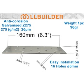 LLB Pack of 10pcs Flat Connecting Joining Plates Repair Connector Mending Galvanised Brace Bracket Perforated Metal Steel Sheet Timber Wood Fixing Heavy Duty 6" x 1.5" (160 x 40 x 2mm)