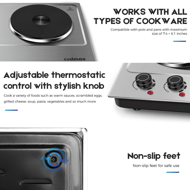 CUSIMAX 1800W Double Hot Plate, Stainless Steel Silver Countertop Burner