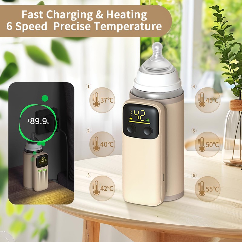 Portable Bottle Warmer, Travel-Friendly, Leak-Proof, Precise Temp-Control & LCD Display,