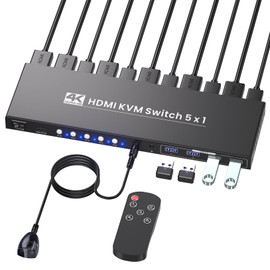 4K@60Hz HDMI KVM Switch 1 Monitor 5 Computers, USB 3.0 5 Port KVM Switch for Controlling 5 Computers with 1 Set of Keyboard, Mouse and 1 Monitor