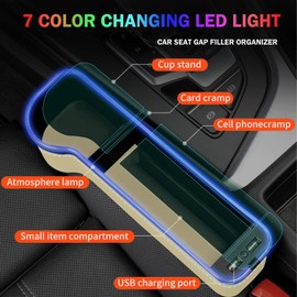 xiaoniu Car Seat Gap Filler Organizer, 2 Pack Multifunctional Car Seat Organizer, 7 Colours Changing LED Car Seat Seam Filler, Auto Console Side Storage Box with Cup Holders (beige)