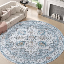 jinchan Round Rug 8ft Area Rug - Machine Washable 8'Circle Vintage Floral Non-Slip with Rubber Backing Ultra-Thin Low-Pile Carpet for Bedroom Living Room Dining Room Entryway (8'Round, Grey/Blue)