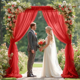 FANPROMS Red Sheer Backdrop Curtains 5x10ft 2 Panels Chiffon Fabric Wedding Drapes Tulle Backdrop Curtains for Parties Sheer Cloth Drapes for Backdrop Ceiling Backdrop for Reception Decorations