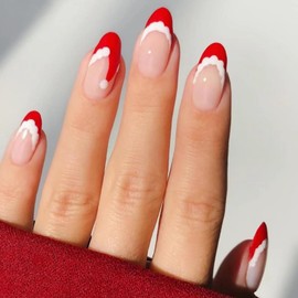 MISUD Christmas Press on Nails Medium Almond Fake Nails Glossy Glue on Nails Santa Hat Acrylic Nails Stiletto Artificial Nails French Tip Stick on False Nails with Design 24 pcs