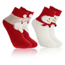 Andibro 2Pair Christmas Fuzzy Socks, Christmas Warm Soft Fluffy Socks Sleeping Christmas Plush Sock Coral Fleece Winter Warm Sock for Women