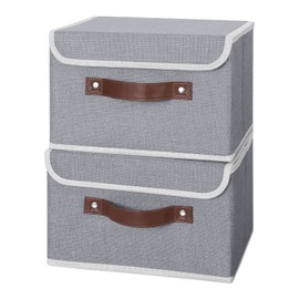 ANMINY 2PCS Storage Bins with Lid PU Leather Handles Storage Boxes PP Plastic Board Decorative Foldable Lidded Cotton Linen Fabric Home Cubes Baskets Closet Organizer Containers - Gray, Small Size