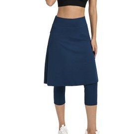 Women Knee Length Athletic Skirts with Leggings,Skirted Leggings Skorts Capris with Skirts for Women Skort Zipper Pockets(Navy Blue M)