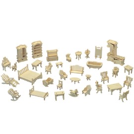 Dollhouse Furniture - Laser Cut Wooden 3D Puzzle DIY Miniature Doll House Kit House Furniture Set - 34 Pieces