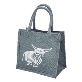 Small Jute Grey Lunch Gift Bag with Highland Cow Print - 24 cm high x 26 cm Wide x 17 cm Depth…