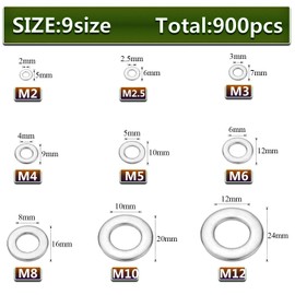 Flat Washers Assortment Kit,Hincell 900pcs 304 Stainless Steel Flat Washers for Screws Bolts,Fender Washers Assortment Set,Stainless Steel Washers, Lock Metal Washers(M2 M2.5 M3 M4 M5 M6 M8 M10 M12)