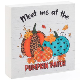 Fall Decorations for Home Office, Rustic Pumpkin Patch Wood Box Sign Desk Decor, Autumn Harvest Thanksgiving Tabletop Counter Shelf Square Sign Gifts 6 x 6 Inches