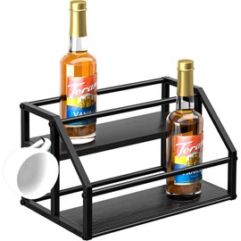 Homedawn Coffee Syrup Rack Organizer, Syrup Bottle Holder Stand for Coffee Bar, 2-Tier 8 Bottles Storage Shelves for Syrup, Wine, Dressing for Kitchen Countertop, Black