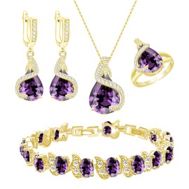 GZWHD Purple Created-Amethyst Gold Tone Jewelry Set For Woman Bridesmaid Bride Wedding Gift Earrings Necklace Pendant Bracelet Open Ring Set