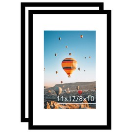 JCJMY 11x17 Picture Frame Set of 2 Black with 8x10 Mat, Display Photo 8x10 with Mat or 11 x 17 Without Mat, Wall Hanging Large 11x17 Poster Frame with Shatter Resistant Plexiglass, 2 Pack, Black