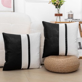 Vfuty Set of 2 Black and Cream White Decorative Throw Pillow Covers 18x18 Inch Faux Leather and Velvet Patchwork Pillow Cover,Modern Farmhouse Pillow Case for Living Room Couch Bed Boho Home Decor