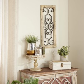 Deco 79 Wood Scroll Window Inspired Wall Decor with Metal Scrollwork Relief, 10" x 1" x 25", White (Pack of 6)