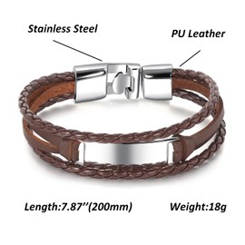 VersaKits Mens Leather Bracelet Stainless Steel Charm Multilayered Brown Braided Leather Bracelet Gift for Men