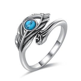 Palpitate Turquoise Rings Feather Ring for Women 925 Sterling Silver Dainty Round Gemstone Ring Jewelry for Mother Wife's & Men