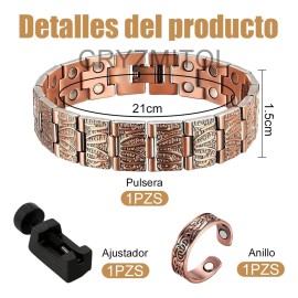 CRYZMITOL 2pz Pulsera Y Anillo Magnéticos De Cobre,aliviar El Dolor Fatiga Terapia De Cobre Puro,Ajustable Pulsera Imanes de Gauss Para Hombre,Regalos para papá,regalos para el Día del Padre