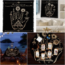 Indian Consigners Palmistry Altar Cloth Celestical Tarot Deck Alter Square Wall Hanging Tablecloth Sacred Place Home Décor Moon Faces Astrology Zodiac Golden Palm