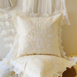 Minoki Floral Beaded Throw Pillow Cover Embroidery French Style Pillowcase Shabby Rustic Cushion Cover,Cream White,18x18 Inch,Set of 2, for Housewarming & Weddings