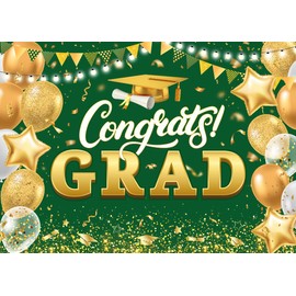LYWYGG 10x8ft Congrats Grad Bckdrop Congratulations Backdrops Green and Gold Graduation Photography Background Graduation Party Decorations cp-651