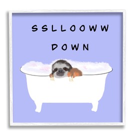 Stupell Industries Slow Down Baby Sloth Bubble Bath Lavender Purple, Designed by Ashley Singleton White Framed Wall Art, 12 x 12