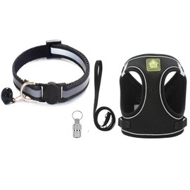 Roczential Cat Harness and Lead Set Adjustable Escape Proof Vest Soft Cat Collar Mesh Vest with Reflective Strips and Anti-Lost Pendant for Puppy Small Pets Walking Outdoor Activity (Black Small)