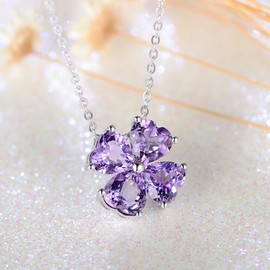Women's Heart 925 Sterling Silver Pendant Birthstone Jewellery 40-45 cm Adjustable Chain Necklace Women's Chain Lucky Charm Lucky Clover Gifts for Party/Anniversary/Birthday, Sterling Silver, Amethyst