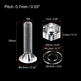 sourcing map M4 x 20mm Plastic Phillips Machine Screws with Nuts and Flat Washers, PC Flat Head Machine Bolts Transparent 20 Sets