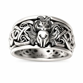 Rockyu Men's Silver Nine Tailed Fox Ring, Stylish, Stainless Steel, Hypoallergenic, Fox Ring, Boyfriend, Chris, Size 17, Stainless Steel
