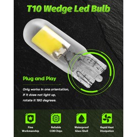 Alopee T10 Led Bulb White 6500K Replacement for T10 193 194 198 W5W 168 Led Bulb Automotive Interior Lights RV Camper Bulbs Under Cabinet Lights DC 12V Only Pack of 10