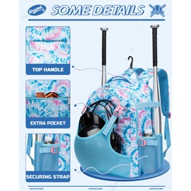 FOKDUVB Baseball Softball Backpack for Kids Boys Girls 6-8 8-12 12-14 Large Youth Bat Bag for Gear Storage Baseball Softball Tball Equipment Back Pack with Separate Shoe Bag (Blue/Pink, Tie-Dye)