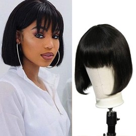 Joedir Short Bob Wig,Straight Black Bob Wig with bangs, 100% Human Hair Wig for Women, 8 inch Short Bob Wig Natural Looking for Daily Use(1B)