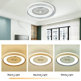 TFCFL Modern Dimmable Ceiling Fan with LED Light, 20" Semi Flush Mount Chandelier Fan Remote Control 3 Colors 3 Speeds with Hidden Blades Low Profile Fan for Bedroom Kids Room (White & Gray)