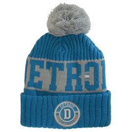 Detroit City Name Three Stripe Circular Patch Pom Beanie Winter Hat (Powder Blue/Light Gray)