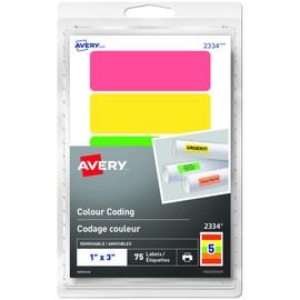AVERY Removable Colour Coding Rectangle Labels, 1 Inch X 3 Inch, Assorted Green, Orange, Red, Yellow Rectangles, 75 Labels Per Pack (2334)