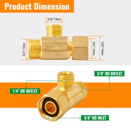 SUNGATOR Lead-Free Brass 3/8" Comp Inlet x 3/8" Outlet x 1/4" Outlet Add-A-Tee Valve, 3 Way Water Line Splitter, Compression Tee Connector with A Sealing Tape (2-Pack)