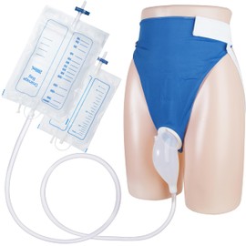 Wearable Urine Collector Set with Silicone Urine Catching Capsule, 1.2M Flexible Catheter, Breathable Cotton Pants, and 1000ml & 2000ml Collection Bags, Men Blue