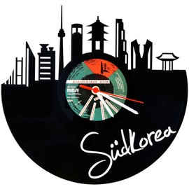 GRAVURZEILE Vinyl Record Clock, Skyline South Korea, Wall Clock Made of Cast Vinyl with City Skyline, 30 cm, Upcycling Design Clock, Wall Decoration, Vintage Clock, Wall Decoration, Retro Clock, Made