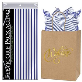 Flexicore Packaging Natural Brown Kraft Paper Welcome Bags & Navy Blue Gift Wrap Tissue Paper | Size: 8 Inch X 4.75 Inch X 10.5 Inch | Count: 5 Bags | Color: Navy Blue Pin Stripe
