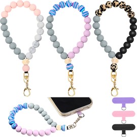 Landical 3 Pack Marble Silicone Beaded Phone Wrist Strap Cellphone Lanyard with Tether Tab Hand Free Chain Bracelet for Women(Light Color,12mm)