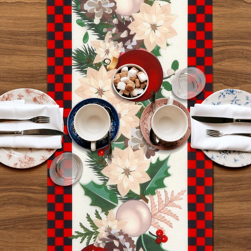 Christmas Table Runner, 13x71 inch Plaid Table Cloth Xmas Table