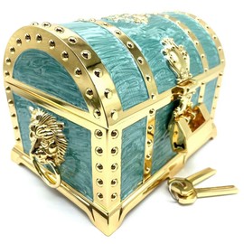 Vintage Metal Jewelry Chest Treasure Trinket Box, Gem Storage Tray Ring Earrings Necklace Keepsake Gift Holder Case Bag for Girls Ladies Women (Small Golden Green)