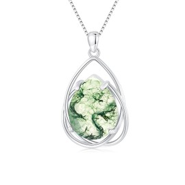 DOLIOX Teardrop Moss Agate Pendant Necklace, 925 Sterling Silver December Birthstone Necklace Vintage Western Jewelry Gift for Women