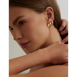 Sanfenly Gold Hoop Set for Women - 3Pairs Chunky Gold & Silver Huggie Hoops, Small 14K Filled Lightweight Hypoallergenic MultiColored CZ Studs for Multiple Piercing