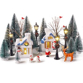 34 Pieces Christmas Village Houses Set, Mini Christmas Trees Christmas Accessories Set Mini Bare Branch Trees Snowman Street Lamps for Christmas Town Village Miniature Home Table Top Decoration